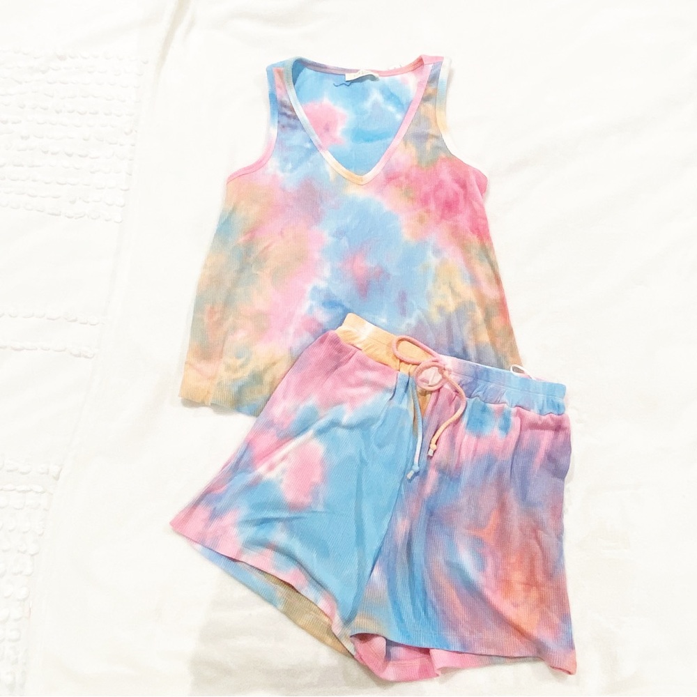 Pink Blue Orange Sunset Tie Dye Tank and Shorts Pajama Lounge Set S